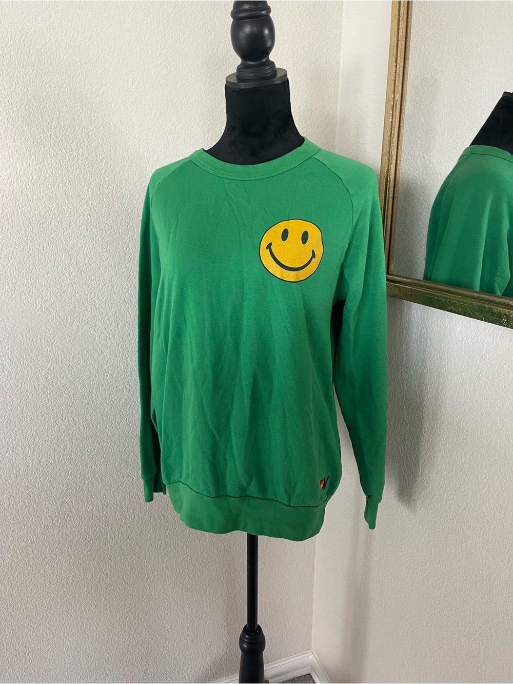 Aviator Nation Green Crewneck Sweatshirt with Yellow Smiley Patch